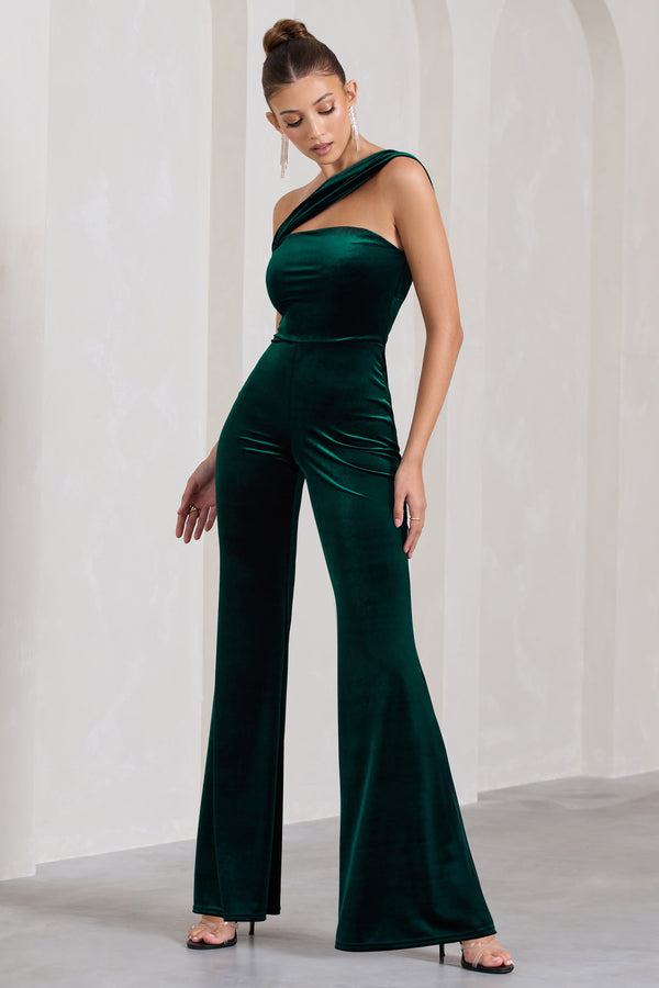 Club L Georgia Bottle Green Velvet Asymmetric Wide-Leg Jumpsuit