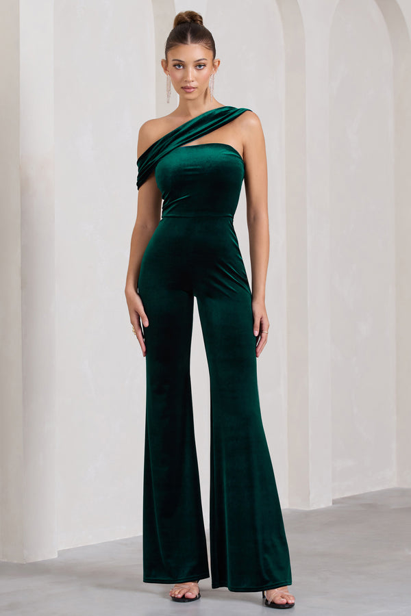 club l Georgia Bottle Green Velvet Asymmetric Wide-Leg Jumpsuit