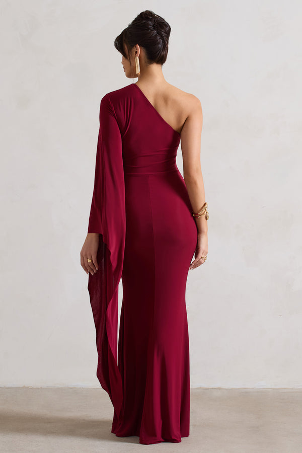 Club L Giada Berry Ruched One Shoulder Cape Sleeve Maxi Dress