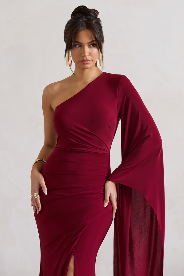 Club L Giada Berry Ruched One Shoulder Cape Sleeve Maxi Dress