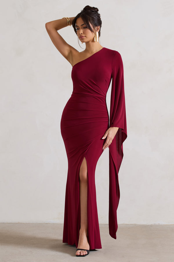 Club L Giada Berry Ruched One Shoulder Cape Sleeve Maxi Dress