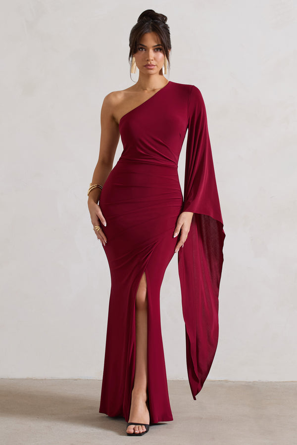 club l Giada Berry Ruched One Shoulder Cape Sleeve Maxi Dress