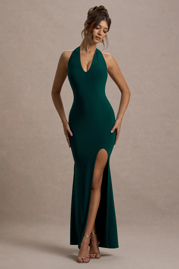club l Glamour Bottle Green Backless V Plunge Halter Neck Maxi Dress With Side Split
