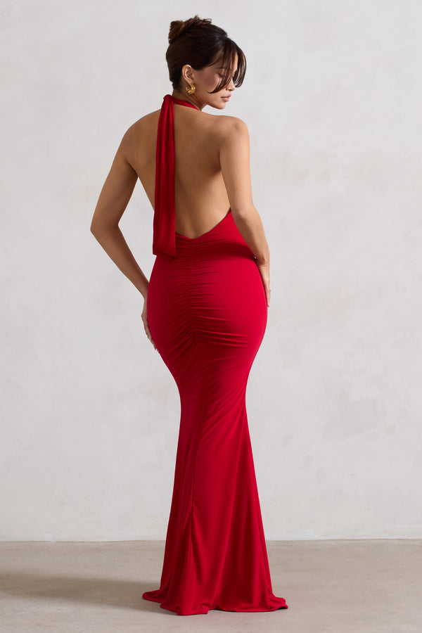 Club L Glamour Red Backless V Plunge Halter Neck Maxi Dress With Side Split