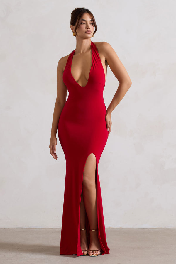 Club L Glamour Red Backless V Plunge Halter Neck Maxi Dress With Side Split