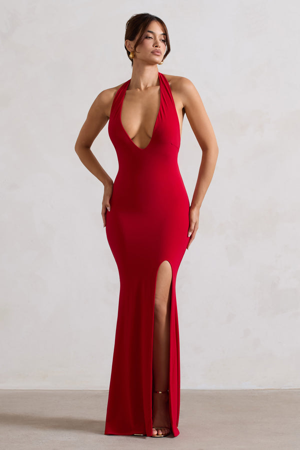club l Glamour Red Backless V Plunge Halter Neck Maxi Dress With Side Split