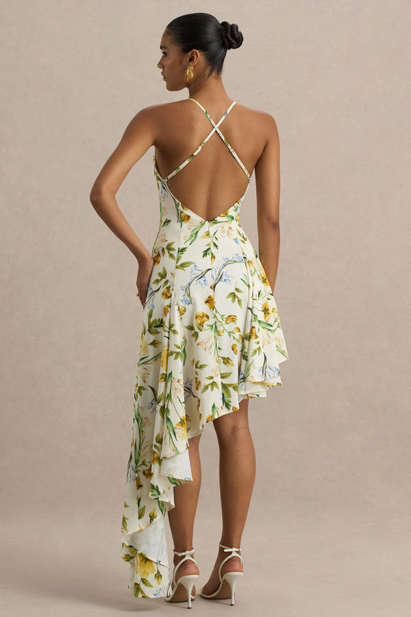 Club L Glint White Botanical Print Satin Plunge-Neck Maxi Dress With Asymmetric Hem