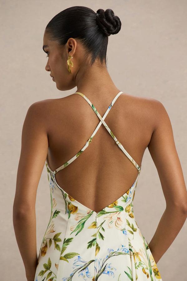 Club L Glint White Botanical Print Satin Plunge-Neck Maxi Dress With Asymmetric Hem