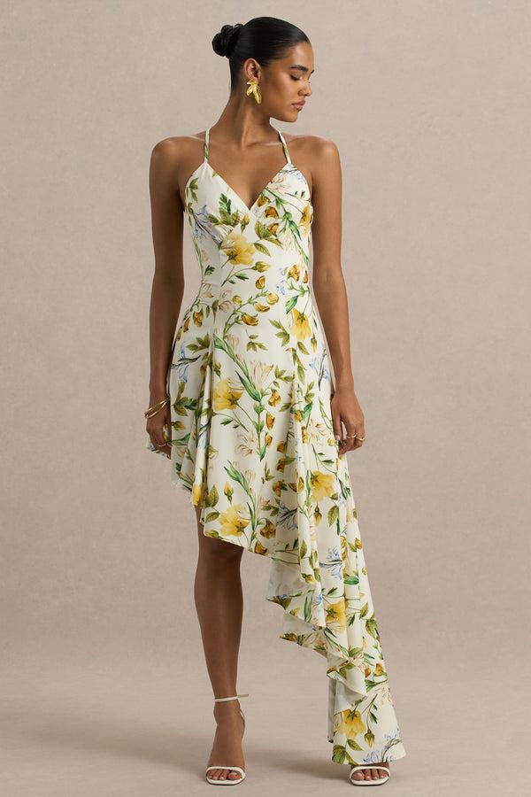 Club L Glint White Botanical Print Satin Plunge-Neck Maxi Dress With Asymmetric Hem