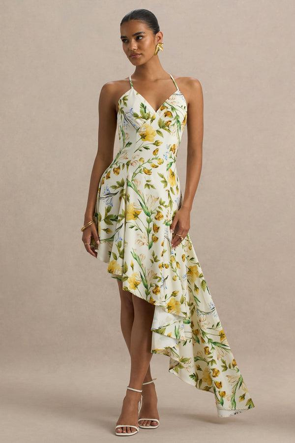 club l Glint White Botanical Print Satin Plunge-Neck Maxi Dress With Asymmetric Hem