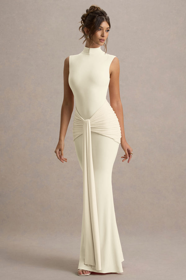 Club L Graziana Pale Lemon High-Neck Gathered Draped Maxi Dress