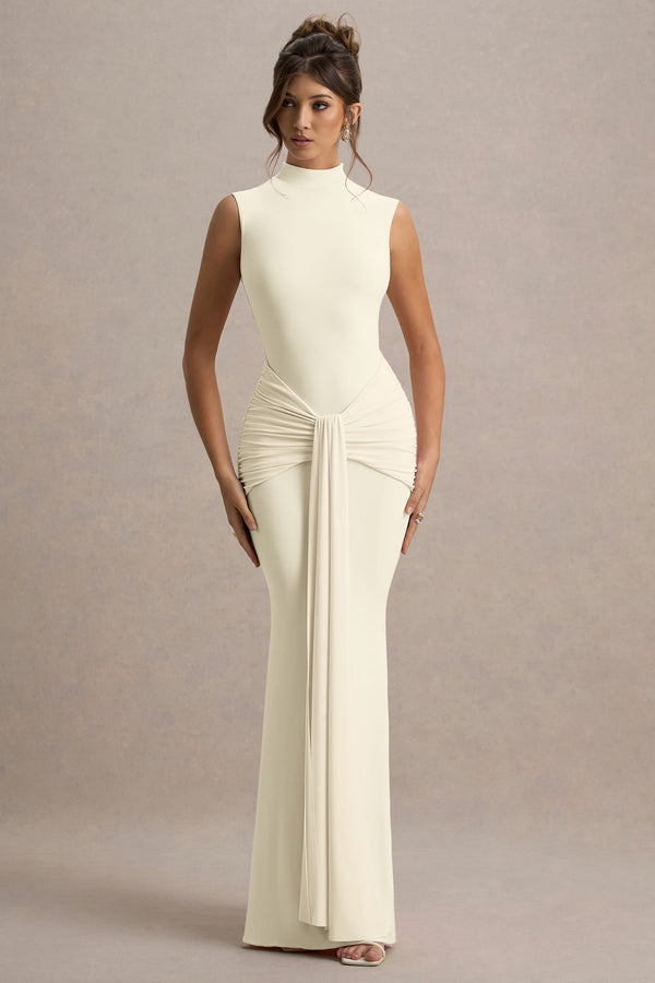 club l Graziana Pale Lemon High-Neck Gathered Draped Maxi Dress