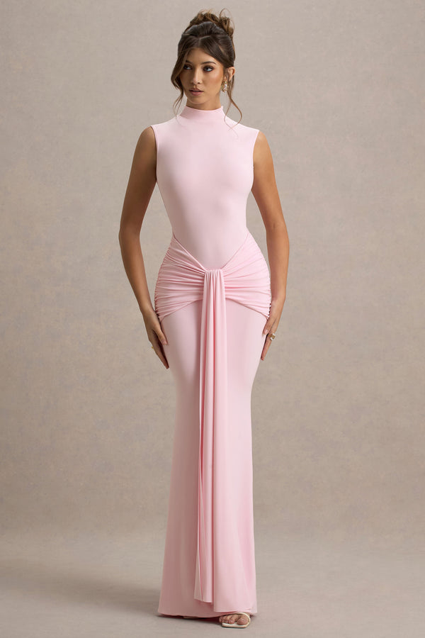 Club L Graziana Pink High-Neck Gathered Draped Maxi Dress