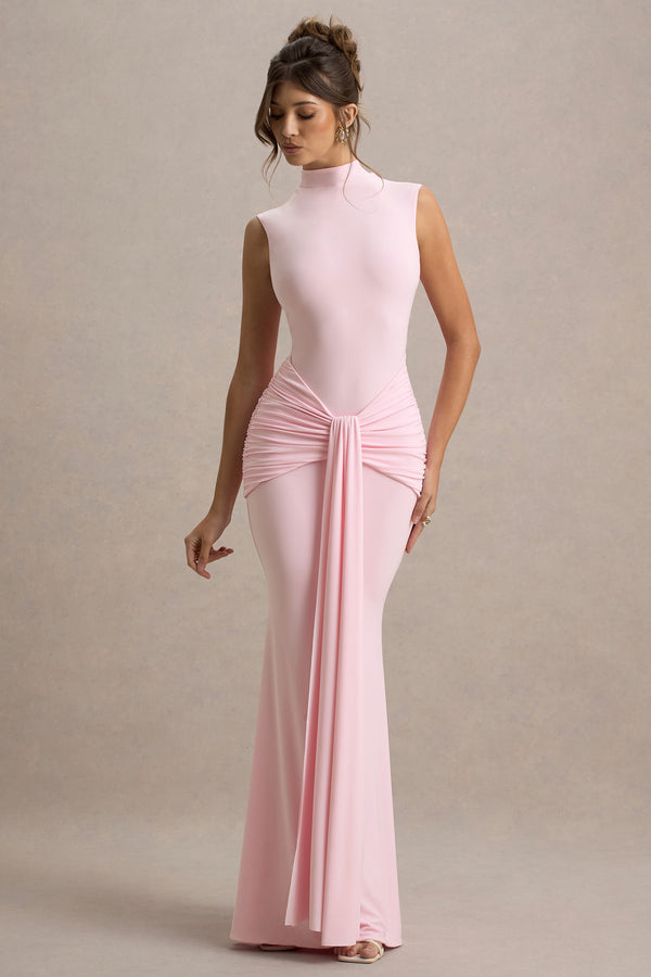 club l Graziana Pink High-Neck Gathered Draped Maxi Dress