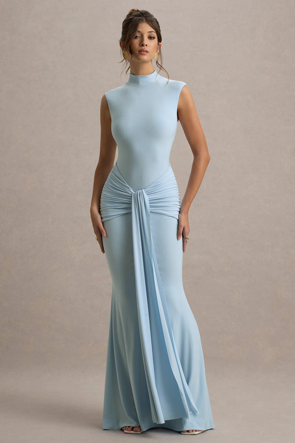 Club L Graziana Powder Blue High-Neck Gathered Draped Maxi Dress