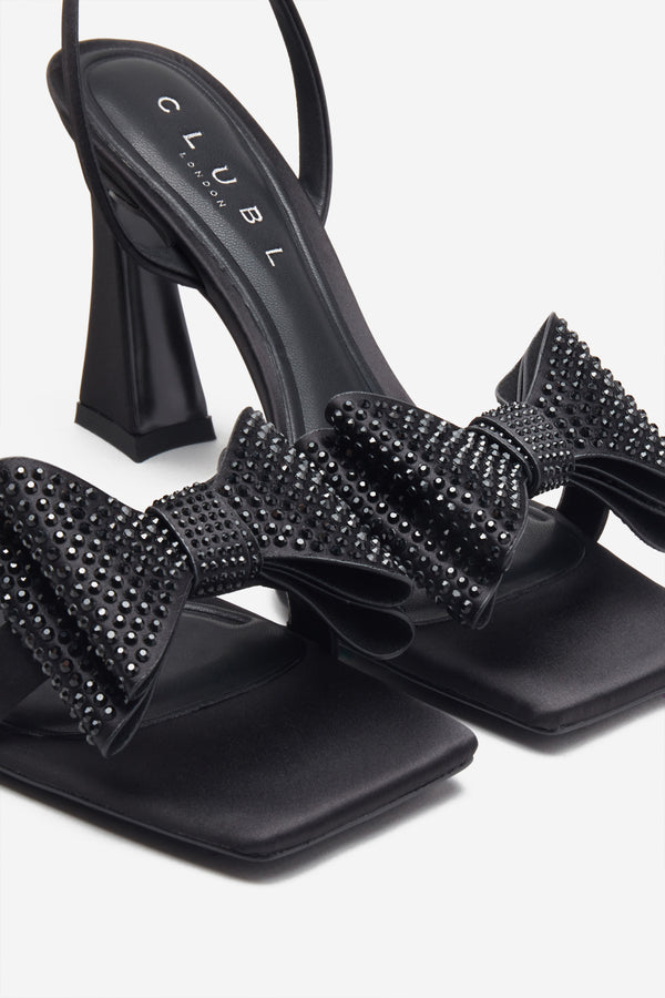 Club L Headlines Black Ankle Strap Heeled Sandals With Diamante Bows