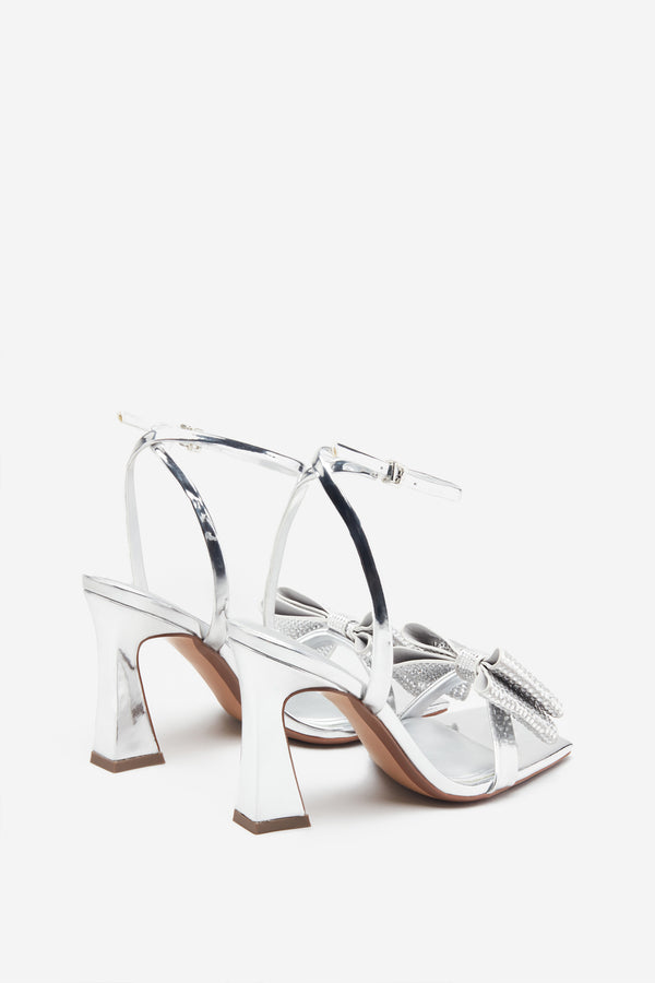 Club L Headlines Silver Ankle Strap Heeled Sandals With Diamante Bows