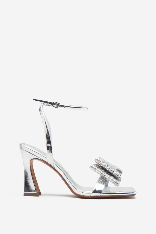 club l Headlines Silver Ankle Strap Heeled Sandals With Diamante Bows