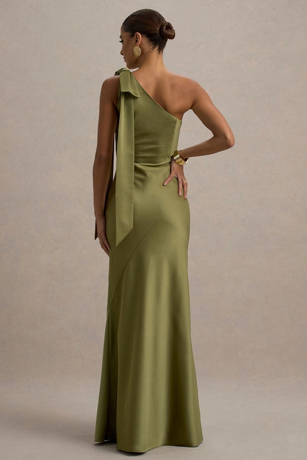 Club L Here For Love Khaki Satin Asymmetric Maxi Dress With Bow