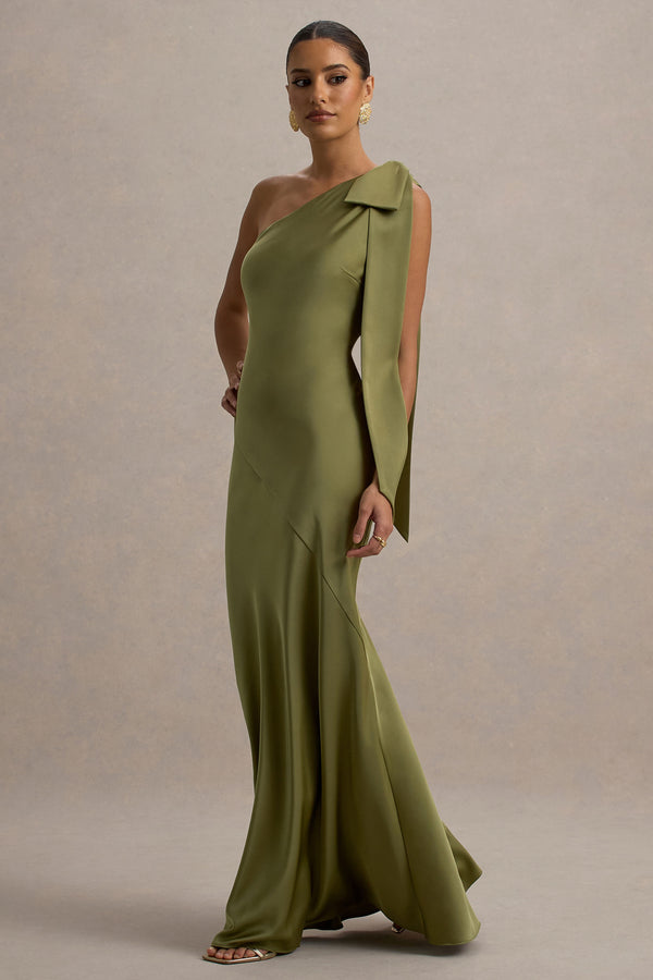 Club L Here For Love Khaki Satin Asymmetric Maxi Dress With Bow
