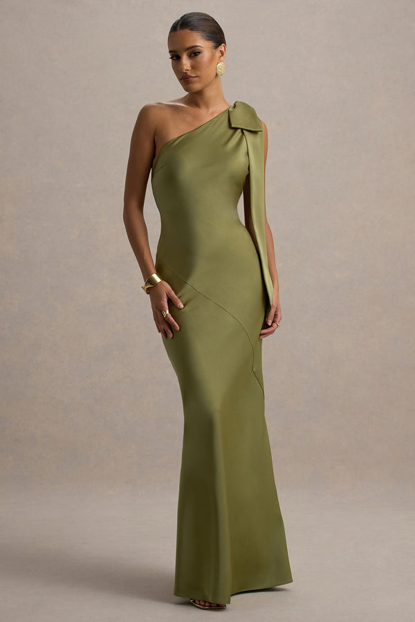 club l Here For Love Khaki Satin Asymmetric Maxi Dress With Bow
