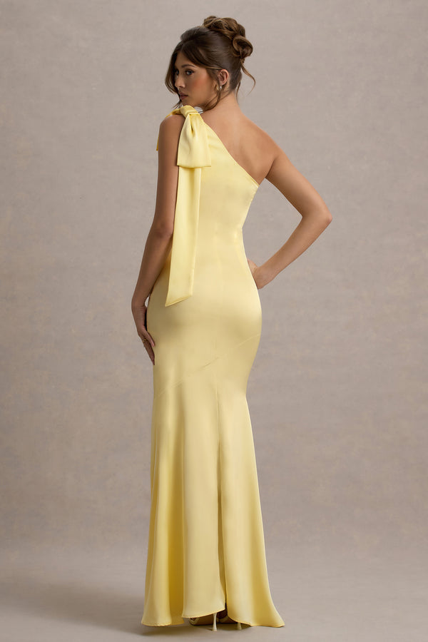 Club L Here For Love Pale Lemon Satin Asymmetric Maxi Dress With Bow