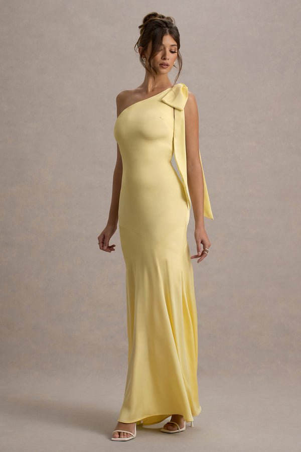 Club L Here For Love Pale Lemon Satin Asymmetric Maxi Dress With Bow