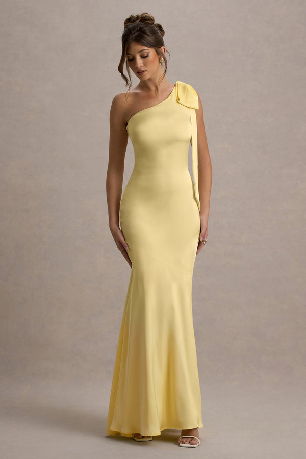 club l Here For Love Pale Lemon Satin Asymmetric Maxi Dress With Bow