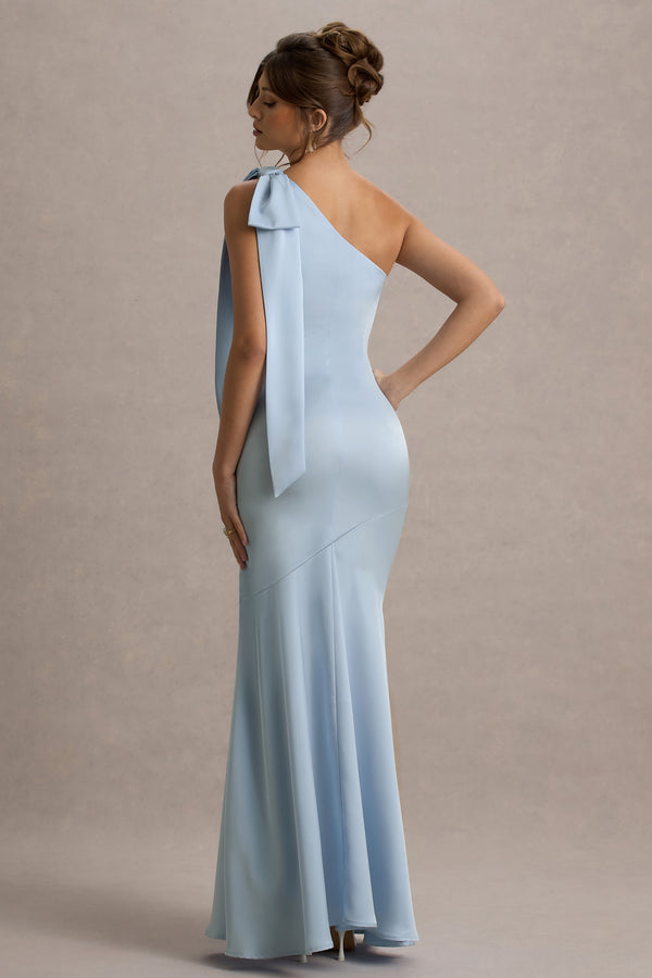 Club L Here For Love Powder Blue Satin Asymmetric Maxi Dress With Bow