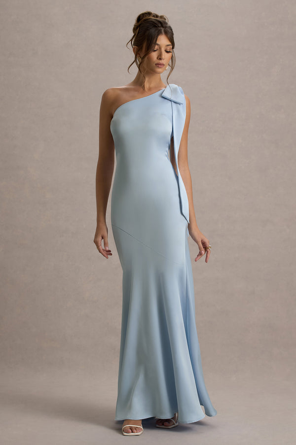Club L Here For Love Powder Blue Satin Asymmetric Maxi Dress With Bow