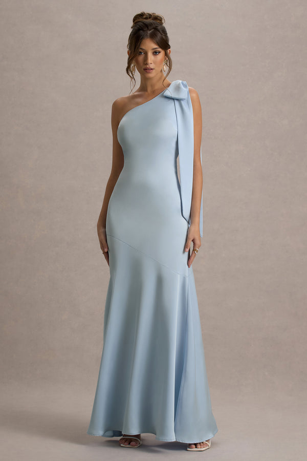 Club L Here For Love Powder Blue Satin Asymmetric Maxi Dress With Bow