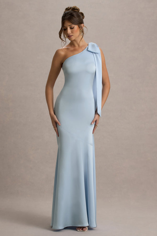 club l Here For Love Powder Blue Satin Asymmetric Maxi Dress With Bow