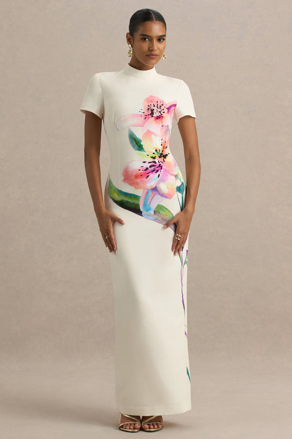 club l Hessie White Lily Print High-Neck Maxi Dress