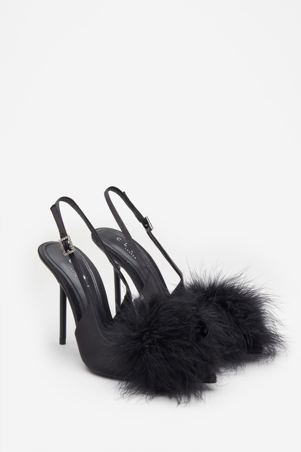 Club L High Pitched Black Satin Sling Back Heels With Pom Poms