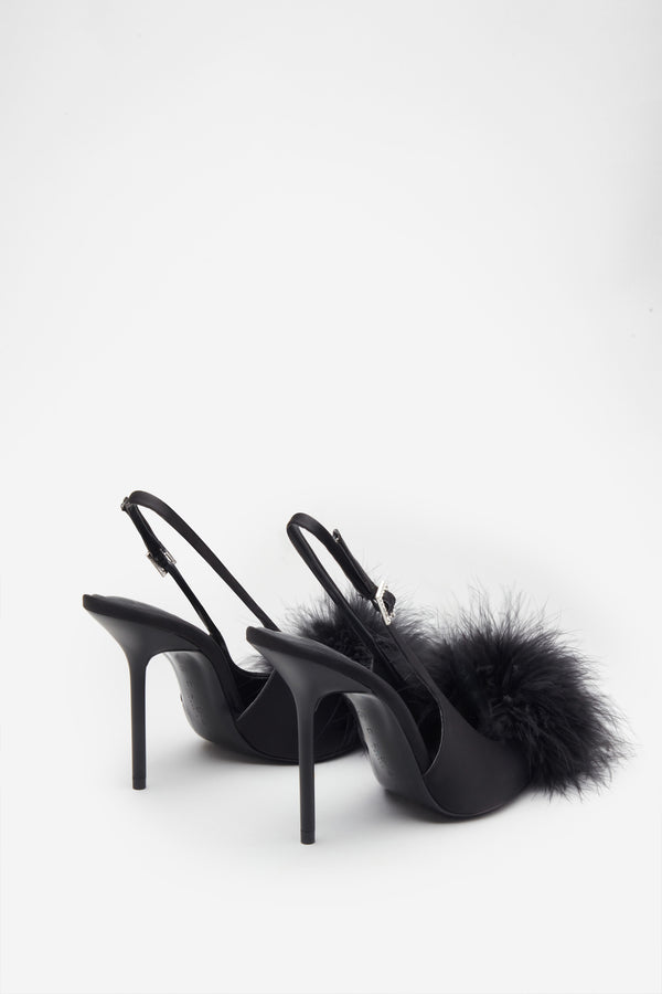 Club L High Pitched Black Satin Sling Back Heels With Pom Poms