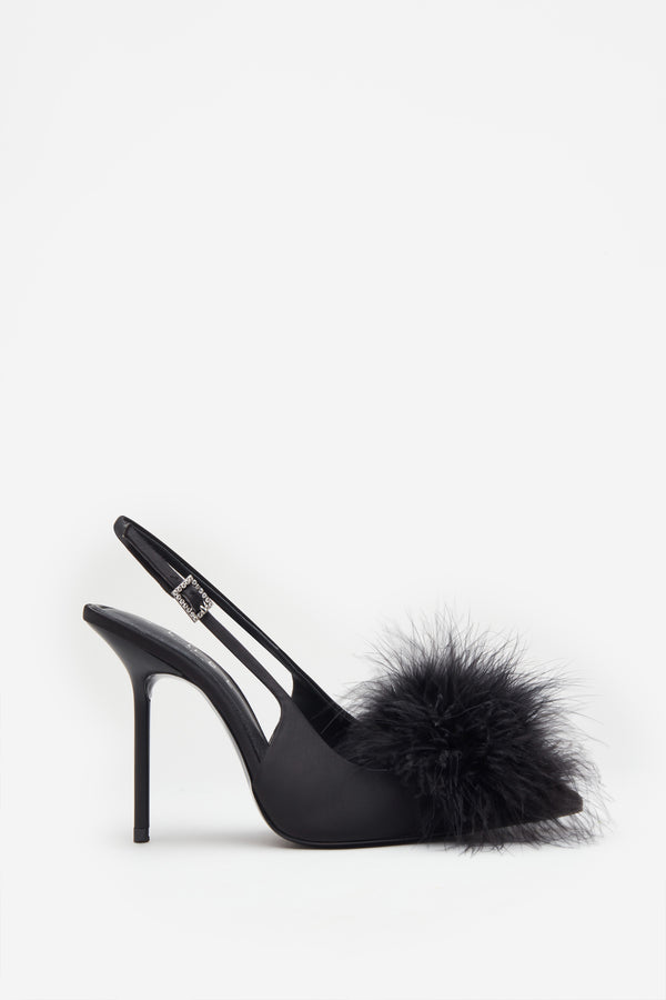 club l High Pitched Black Satin Sling Back Heels With Pom Poms
