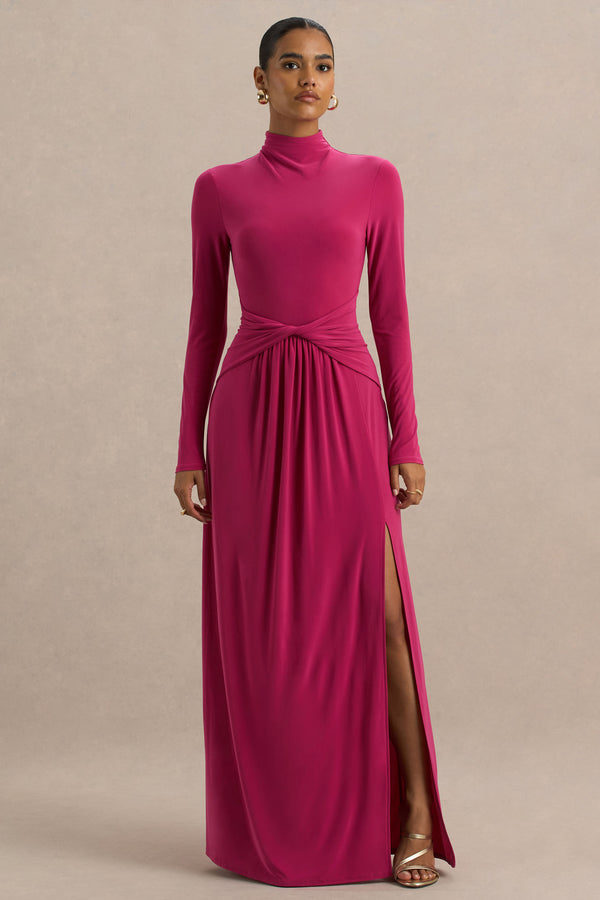 Club L Hourglass Hot Pink Long-Sleeve Twisted Maxi Dress With Split