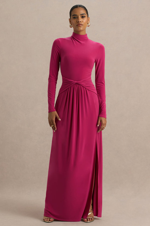 Club L Hourglass Hot Pink Long-Sleeve Twisted Maxi Dress With Split