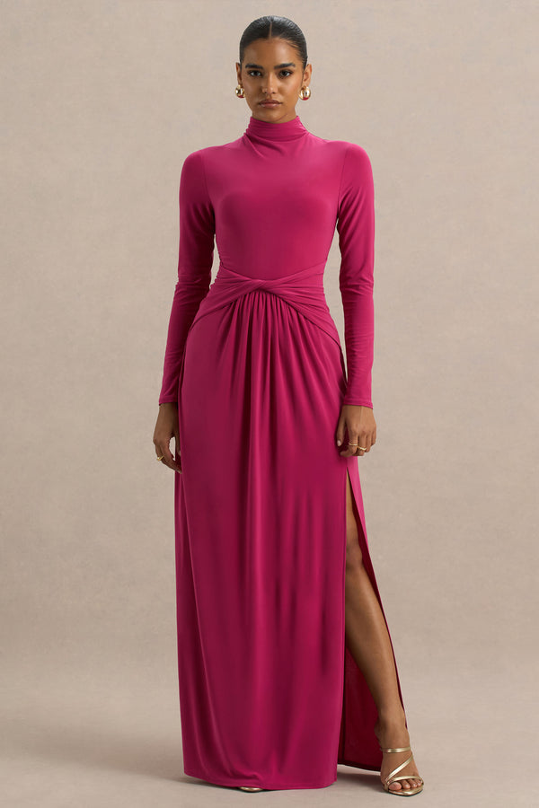 club l Hourglass Hot Pink Long-Sleeve Twisted Maxi Dress With Split
