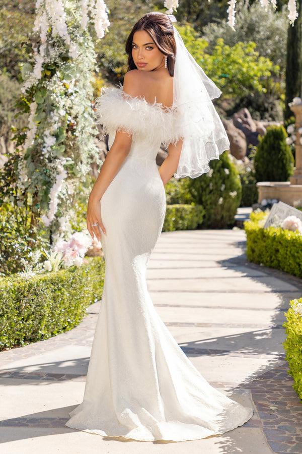 Club L Idyll White Lace Bardot Feather Fishtail Maxi Dress