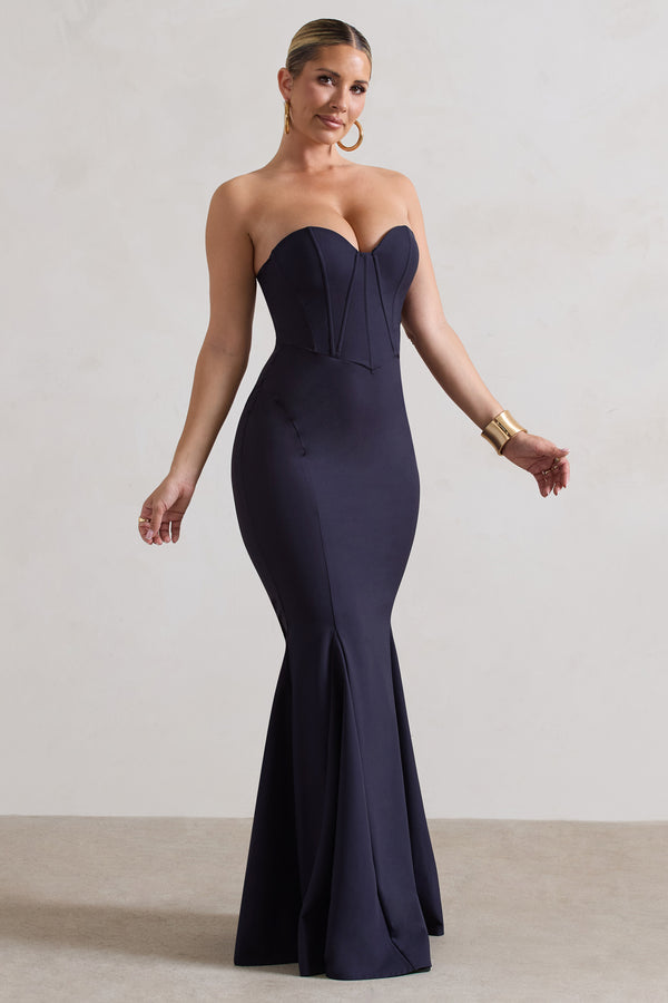 Club L Idyllic Navy Strapless Corset Style Fishtail Maxi Dress
