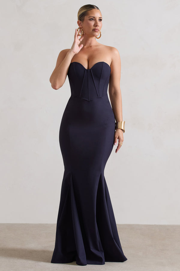club l Idyllic Navy Strapless Corset Style Fishtail Maxi Dress