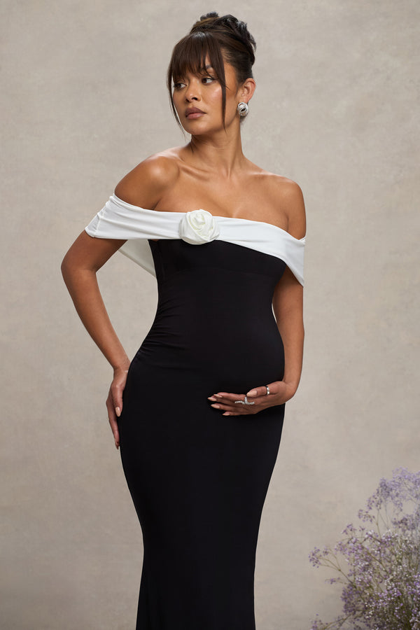 Club L In Bloom Black & White Bardot Maternity Maxi Dress With Flower