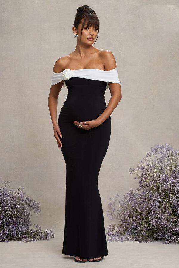 Club L In Bloom Black & White Bardot Maternity Maxi Dress With Flower