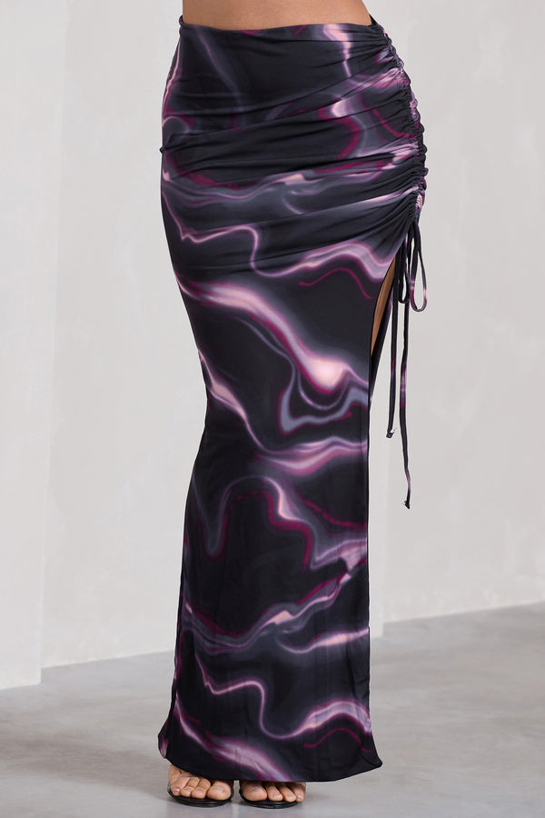 Club L In The Air Black Printed Ruched Asymmetric High-Waisted Maxi Skirt