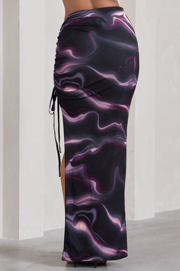 Club L In The Air Black Printed Ruched Asymmetric High-Waisted Maxi Skirt