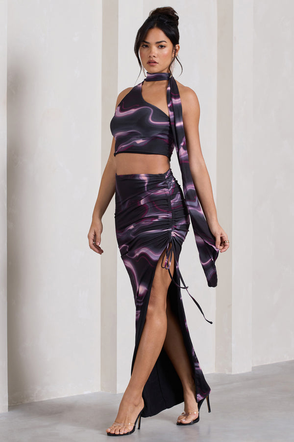 club l In The Air Black Printed Ruched Asymmetric High-Waisted Maxi Skirt