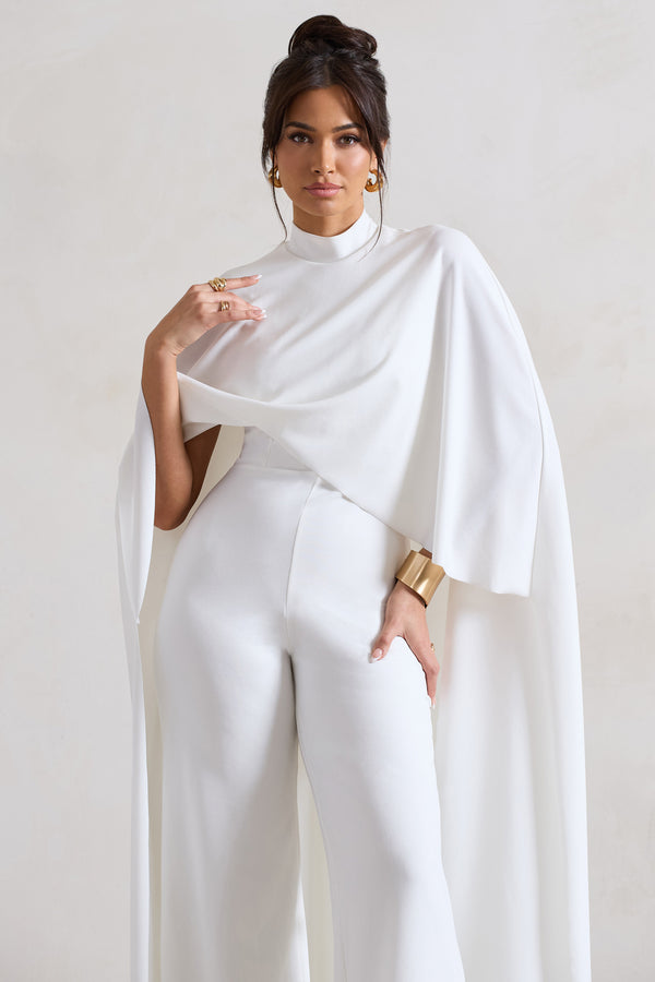 Club L Indra White High-Neck Wide-Leg Cape Jumpsuit