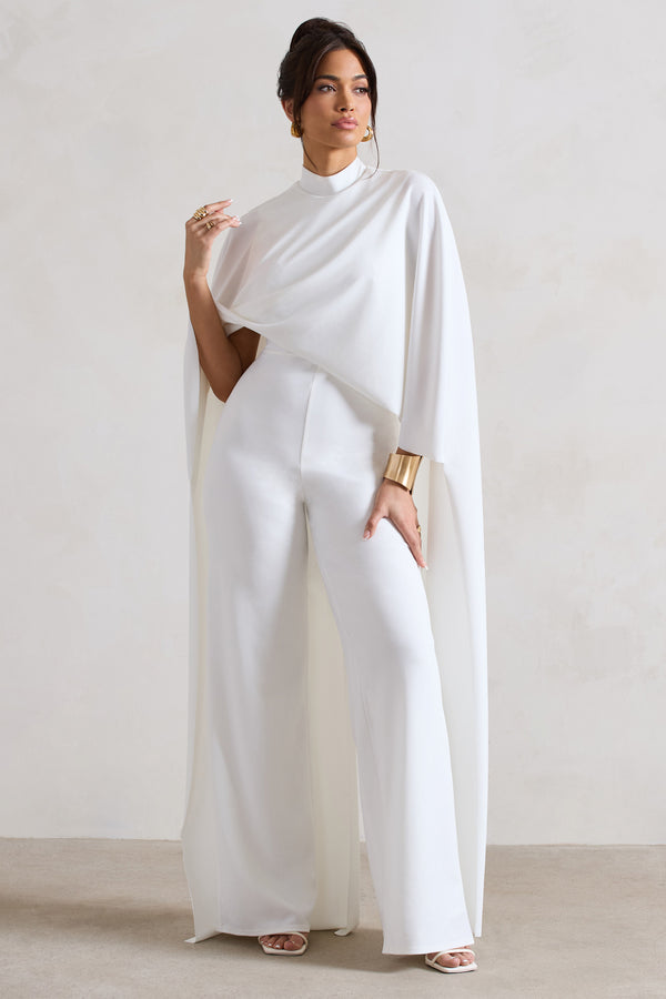 Club L Indra White High-Neck Wide-Leg Cape Jumpsuit