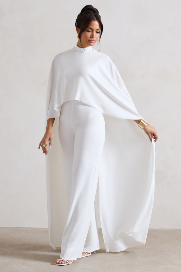 club l Indra White High-Neck Wide-Leg Cape Jumpsuit